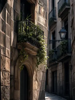 Medieval El Born lane with balconies and hanging plants