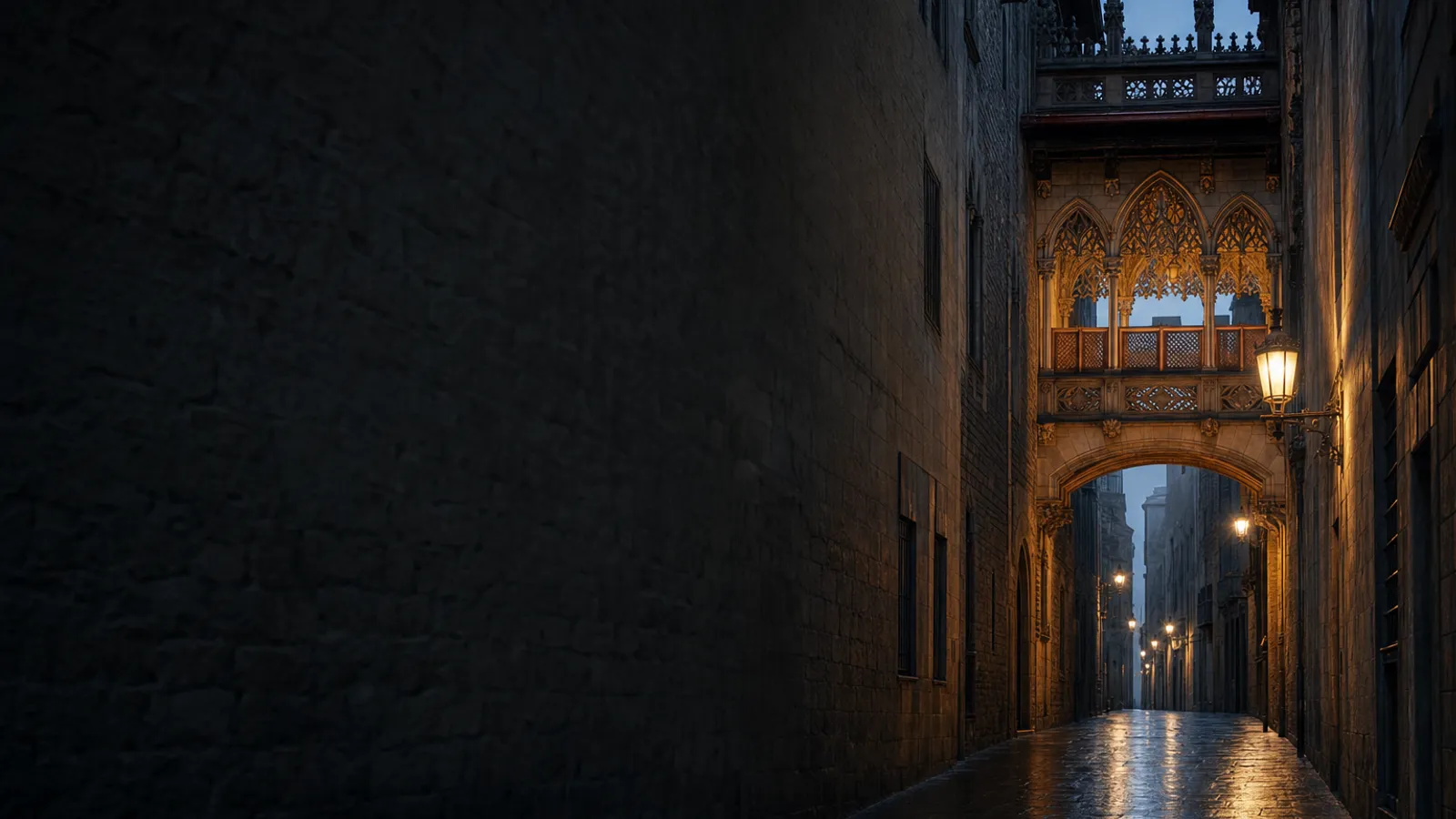 Gothic Quarter bridge of sighs lane at lamplight