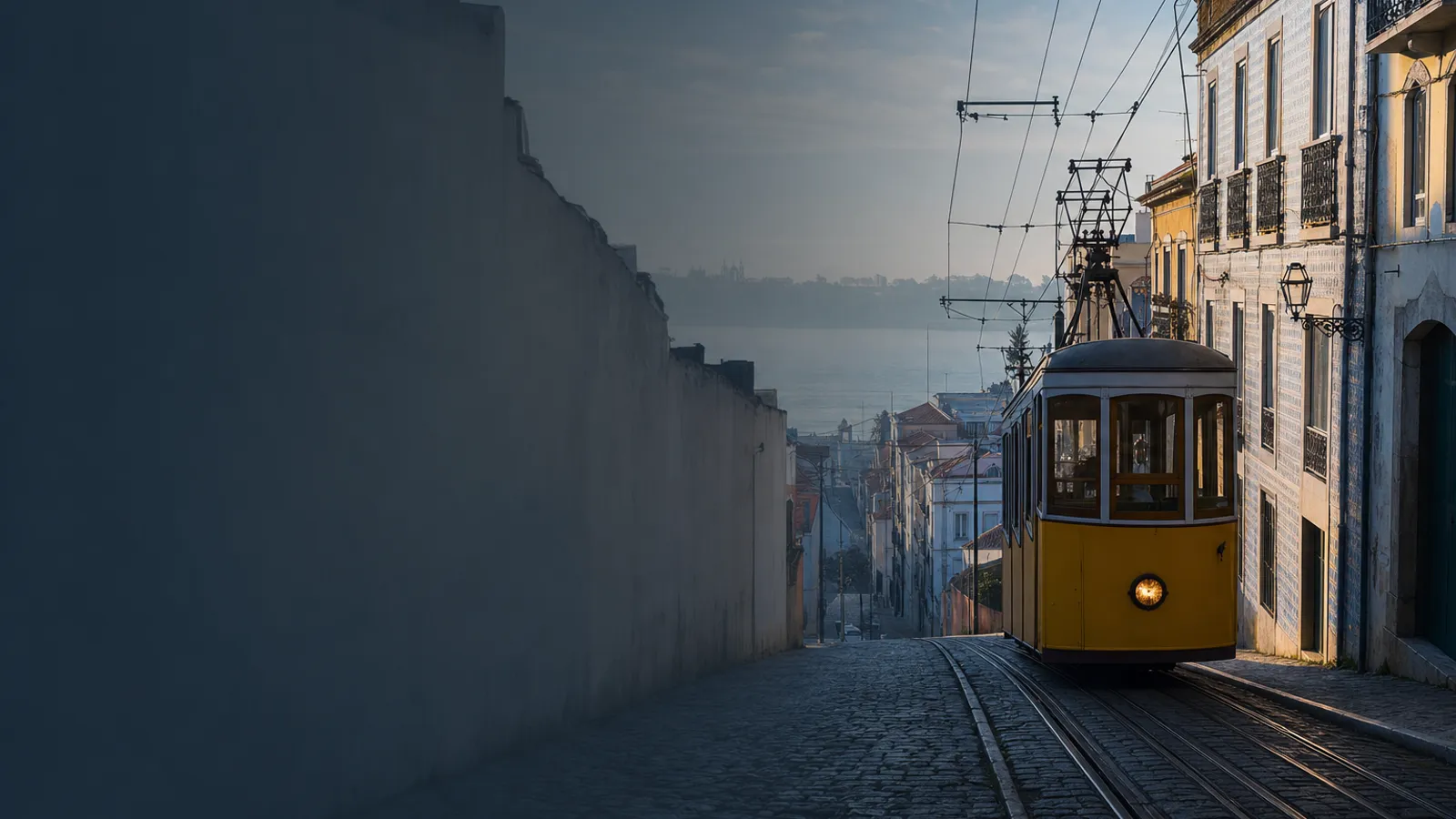A yellow funicular climbing a cobbled Lisbon lane