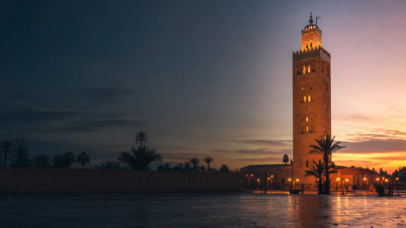 The Koutoubia Mosque minaret at dusk, Marrakech