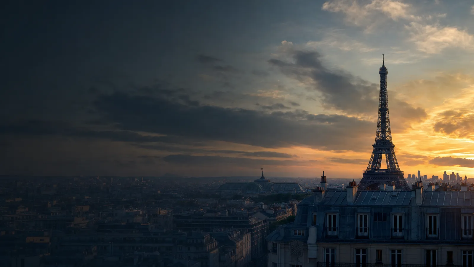 The Eiffel Tower against a dramatic golden sunset, Paris