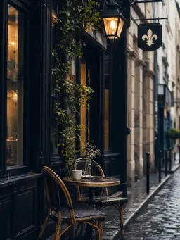 Boutique-lined lane in Le Marais with cafe tables