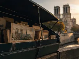 Green bouquiniste boxes along the Seine with Notre-Dame beyond