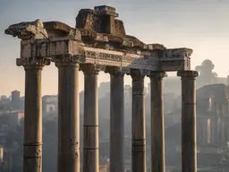 Columns and ruins of the Roman Forum under soft morning haze