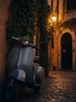 Ivy-covered lane in Trastevere at dusk with warm lamps