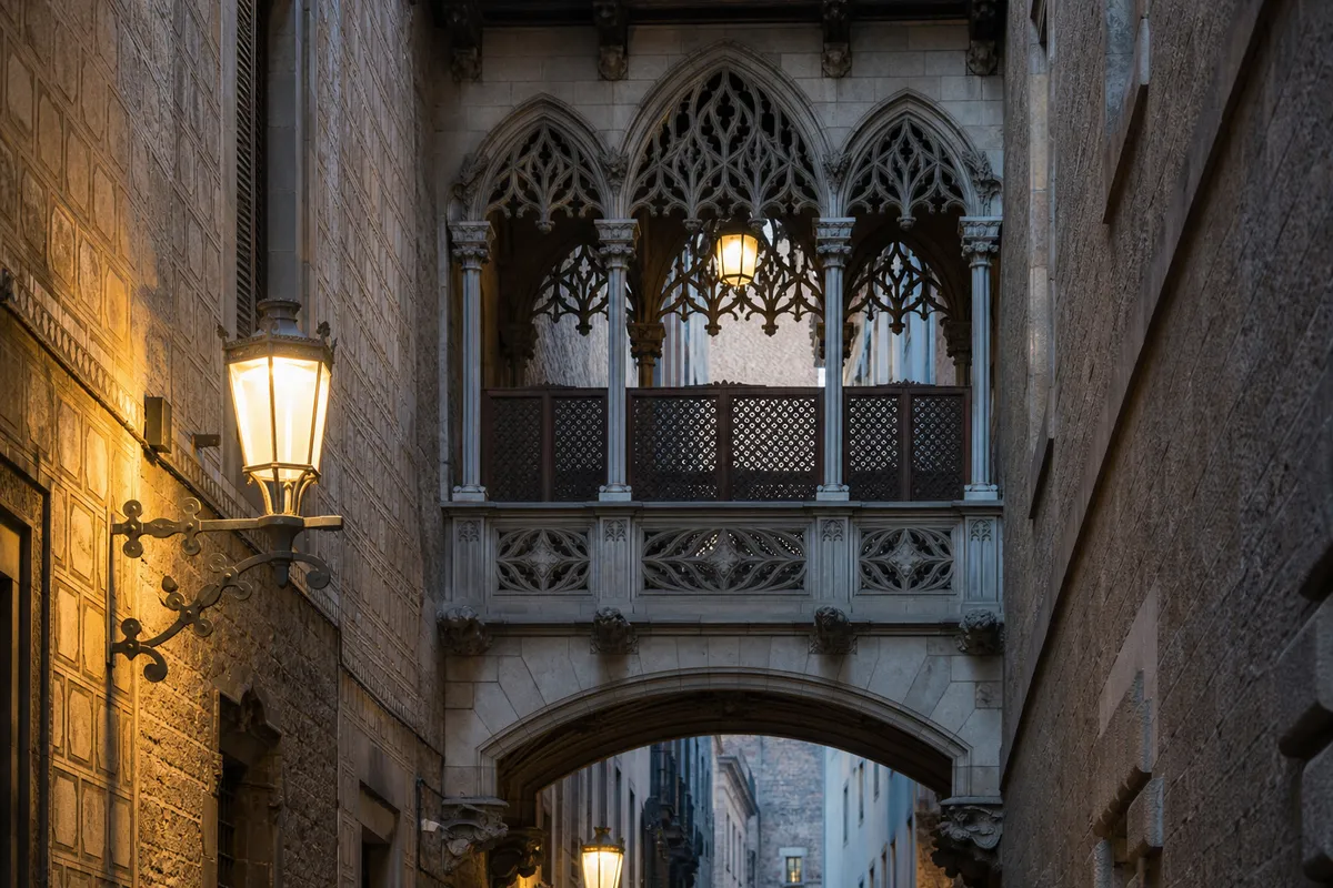 Carrer del Bisbe and its neo-Gothic bridge in the Barri Gòtic, Barcelona