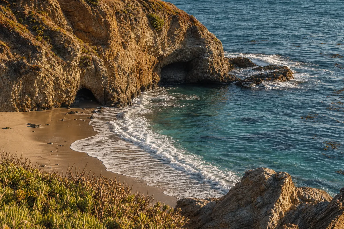 Golden hour over Shark Fin Cove on the Pacific Coast near Santa Cruz, California