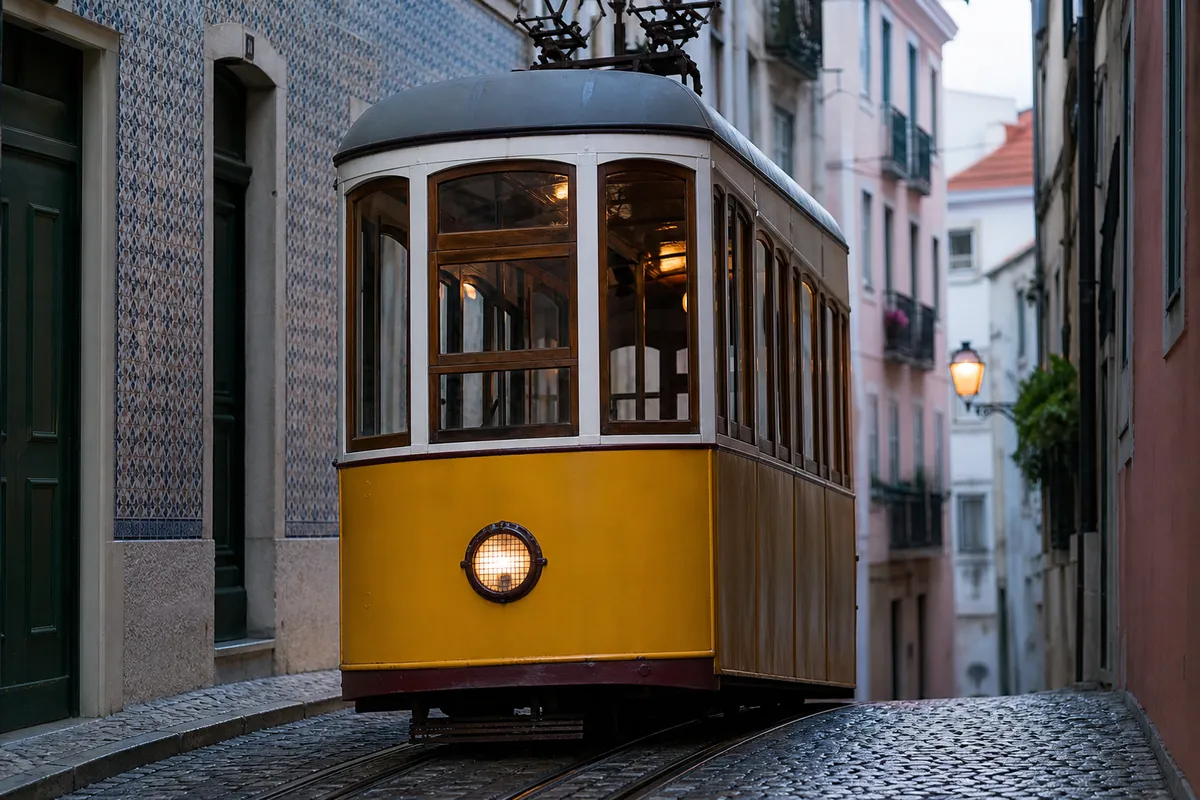 Yellow funicular climbing a cobbled lane in Lisbon