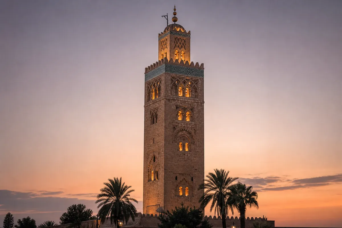A horse-drawn carriage passing the Koutoubia Mosque minaret at dusk, Marrakech