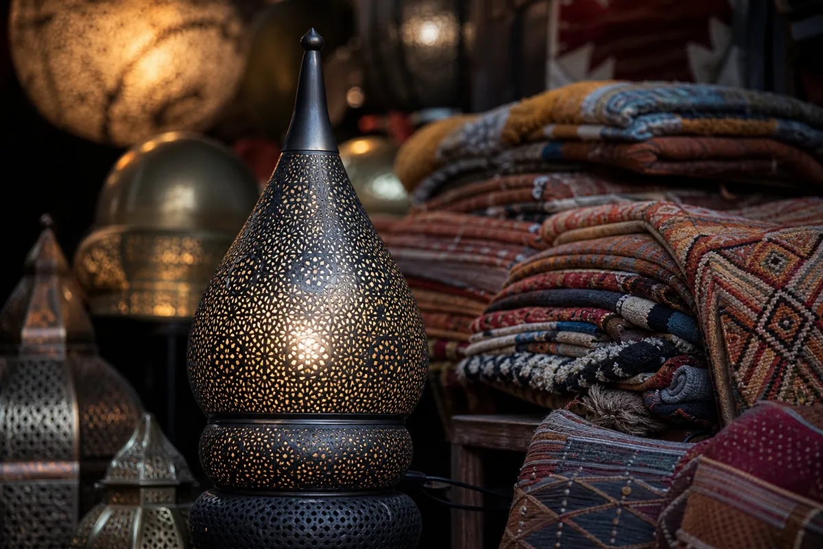 Conical piles of colorful spices in a Moroccan medina souk