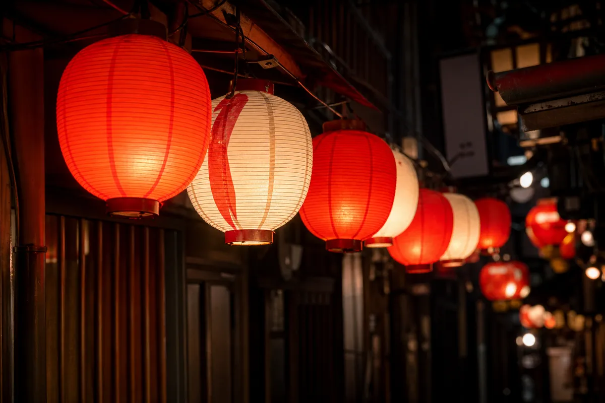 Paper lanterns strung over the Omoide Yokocho alley, Tokyo