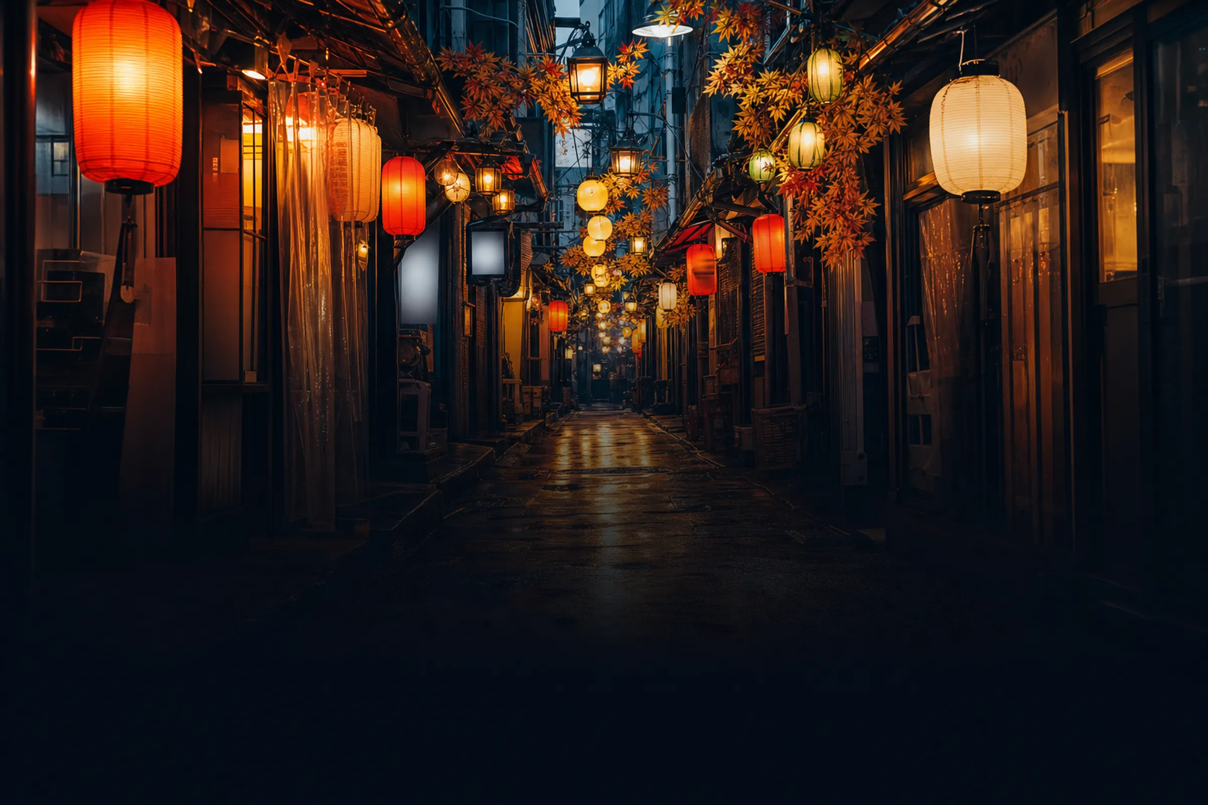 Lantern-lit Omoide Yokocho alley at dusk, Shinjuku, Tokyo