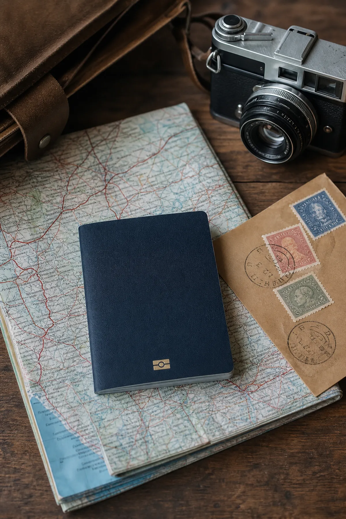 Road map, passport, camera and a stamped letter laid out on a table