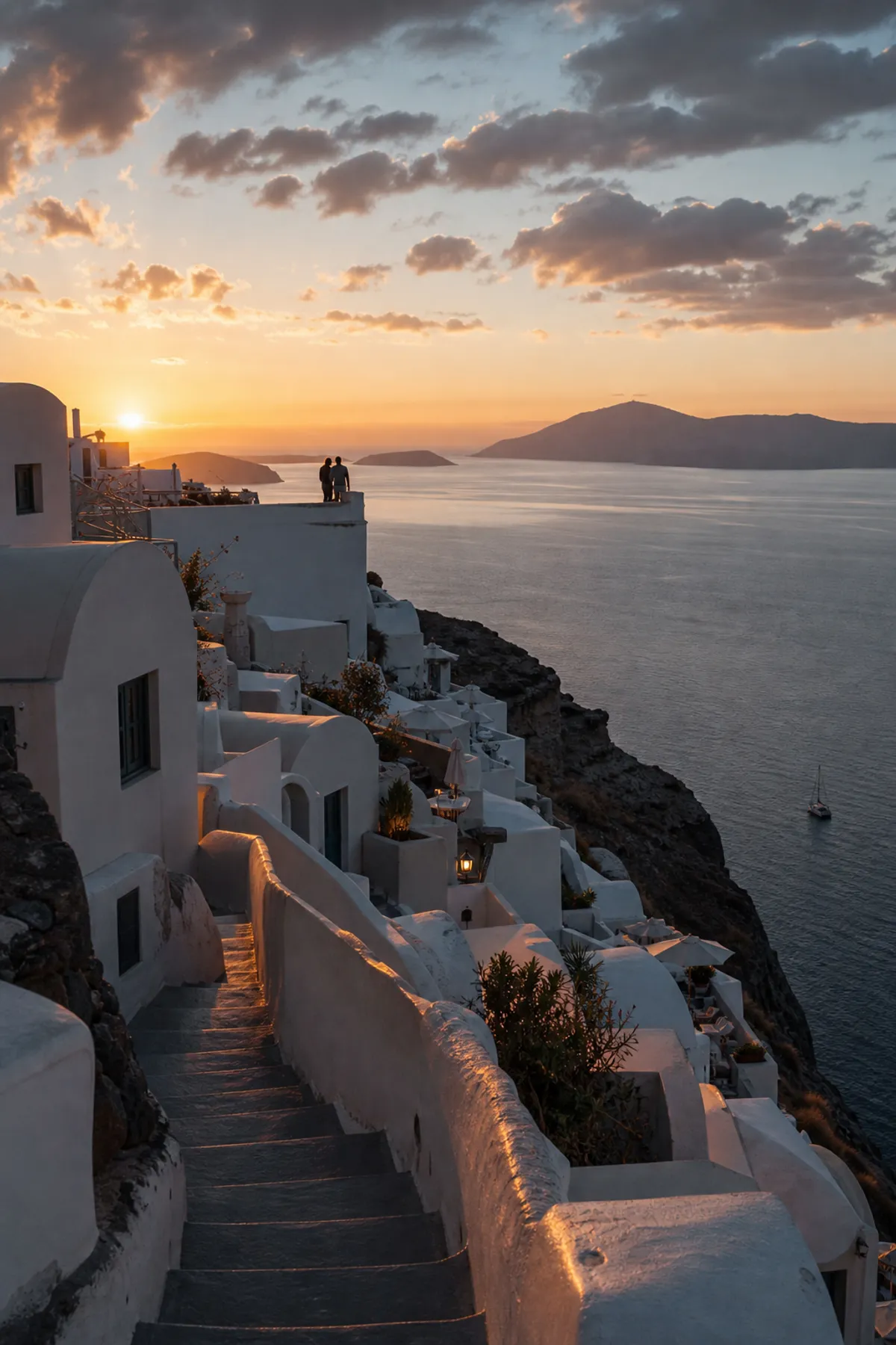 White-washed Oia village cascading to the caldera at golden hour, Santorini