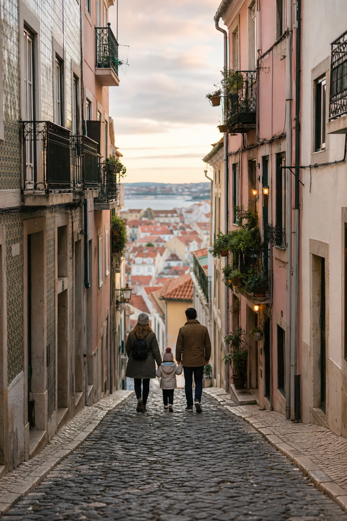 Evening light on a cobbled lane of pastel facades in Lisbon