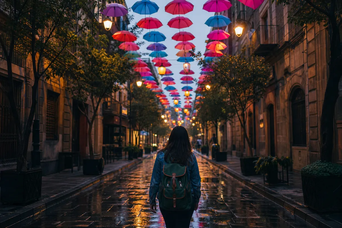 A colorful umbrella-and-lantern-decked street in central Mexico City